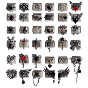 Charm Italien en Acier Inoxydable Gothique Sombre Chauve-souris Cœur Araignée Crâne Bijoux DIY Accessoire Bracelet Modulaire
