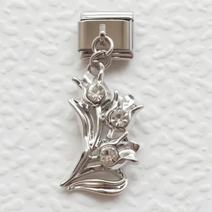 Italian charm link featuring a silver tulip design with three inset sparkling crystals