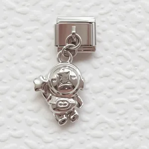 Polished silver astronaut charm link for DIY Italian modular stretch bracelets