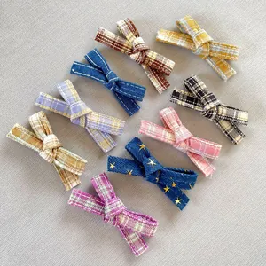 Set of 9 plaid and denim bow accessories for DIY doll clothing and crafts decoration