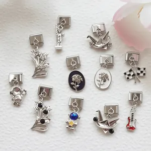 Stainless Steel Italian Modular Bracelet Charms Astronaut Origami Crane Guitar Racing Flag Flower Statue Liberty DIY Pendant