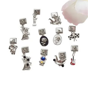 Italian modular charm bracelets with astronaut and crane pendants in polished silver steel