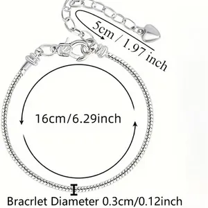 Silver snake chain bracelet with lobster clasp and heart charm, size dimensions shown