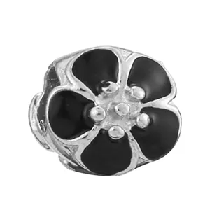 DIY floral charm bead with black enamel and silver petals for bracelets and necklaces