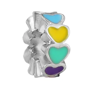 Silver alloy bead charm with colorful enamel hearts for DIY charm bracelets