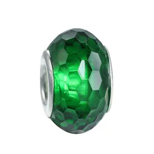 Emerald green faceted resin charm bead with silver metal core for DIY bracelet making