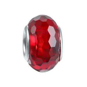 Red faceted crystal charm bead with silver metal core for DIY bracelet jewelry