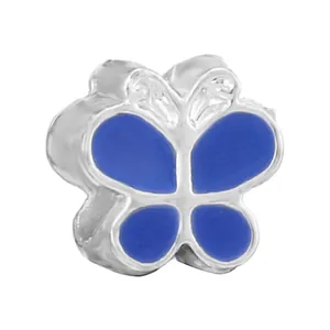 Detailed close-up of a silver butterfly charm with blue enamel for DIY bracelets