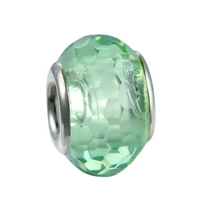 Faceted light green glass charm with silver metal core for DIY bracelet jewelry