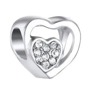 Silver double heart charm with sparkling crystals for DIY charm bracelet jewelry