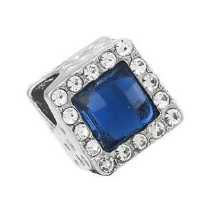 Blue square crystal bead charm with silver pavé cubic zirconia for DIY bracelets