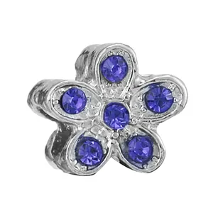 Silver flower bead charm with deep blue crystals for DIY jewelry making and bracelets