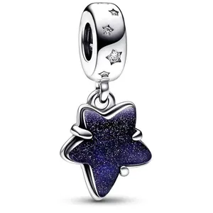 Silver bead charm featuring a navy blue glitter star pendant for DIY jewelry