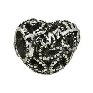 Vintage silver hollow heart charm with Family engraving for DIY bead bracelets
