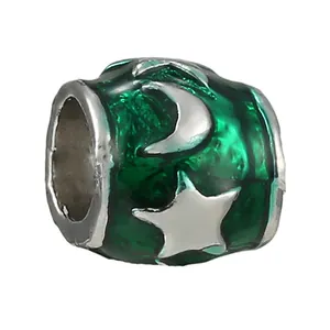 Emerald green enamel charm with silver moon and star patterns for DIY bracelets