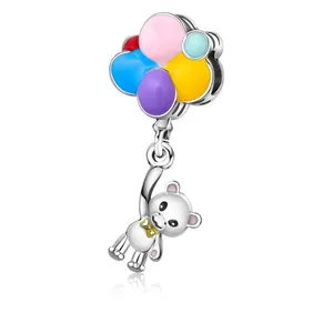 S925 silver bear charm with colorful enamel balloons for personalized DIY bracelets