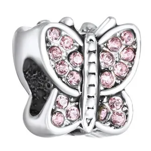Silver butterfly charm with pink sparkling crystals for DIY beaded bracelets and jewelry