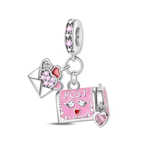 Pink enamel envelope and postbox charm pendant with heart and bird motifs for bracelet