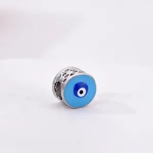 Silver hollow evil eye charm bead with blue enamel for DIY jewelry making