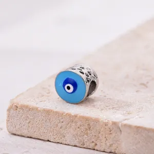 Silver hollow evil eye charm with light blue enamel for DIY bracelet jewelry
