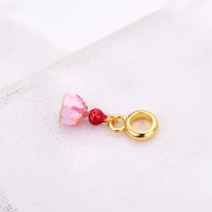 Pink enamel strawberry cupcake charm pendant with large gold ring for DIY bracelets
