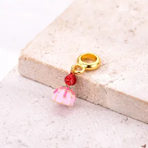 Pink enamel strawberry cupcake charm with golden details for DIY bracelets jewelry