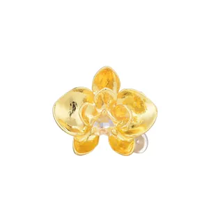 Alloy Gold Orchid Flower Large Hole Charm Bead With Heart Zirconia And Artificial Pearl DIY Bracelet Jewelry Accessory For Women Gift