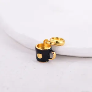 Exquisite black enamel coffee cup charm with gold heart for DIY jewelry making