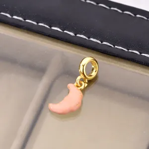 Pink croissant pendant bead with golden bail for DIY charm bracelets and jewelry