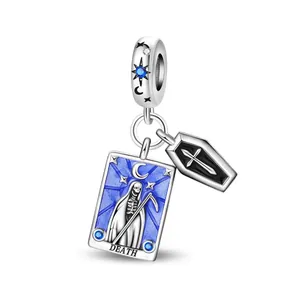 Tarot Death card and black coffin charms on silver beaded ring with blue zircon inlay