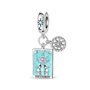 Silver Chariot tarot card charm with blue enamel and sparkling cubic zirconia stones