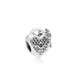 Silver heart padlock and key charm pendant with hollow engraving for DIY jewelry