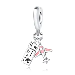 Silver love travel charm with airplane and pink enamel passport pendant for DIY bracelets
