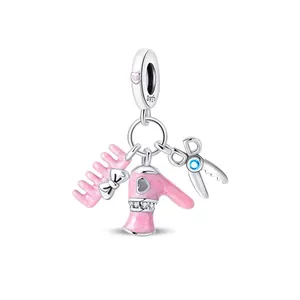 S925 silver hairdressing charm pendant featuring pink enamel blow dryer and comb