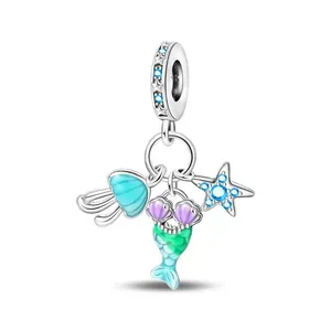 Ciondolo marino con conchiglia, coda di sirena e stella blu in smalto colorato e argento