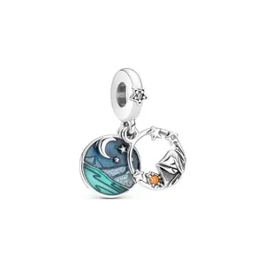 Starry Night Camping charm with blue enamel moon and mountains for DIY bracelets
