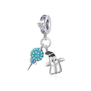 S925 silver Halloween charm with wizard ghost and lollipop on white reflective background