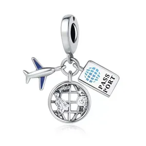 Silver travel charm with blue airplane globe and passport pendant for DIY bracelets