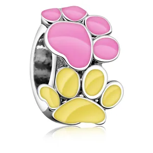 Pink and yellow enamel paw print charm bead in silver metal for DIY bracelets