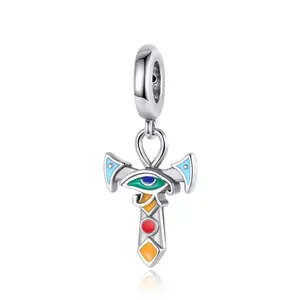 Enamel Ankh Cross and Eye of Horus charm bead in silver metal for DIY bracelets