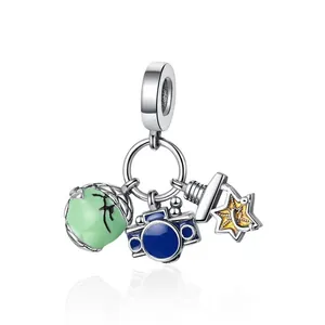 Star camera beads charm pendant for DIY bracelets featuring blue enamel and silver finish