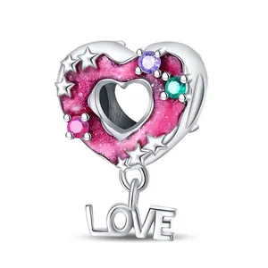 Silver heart charm with pink enamel glitter and dangling LOVE pendant for DIY jewelry
