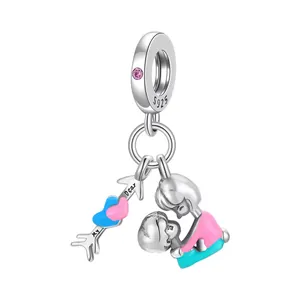 S925 sterling silver couple pendant with enamel hearts, My Dear arrow, and pink zircon