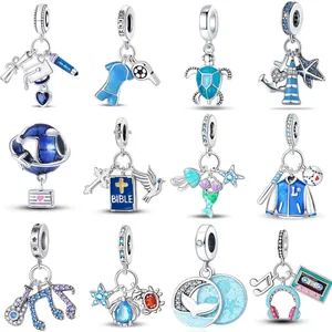Ocean Blue Alloy Enamel Charms For Pandora Style Bracelet DIY Jewelry Making Sea Turtle Graduation Earth Music Soccer Pendant Women