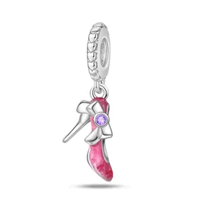 Pink glitter high heel pendant in silver alloy with purple zircon for DIY jewelry bracelets