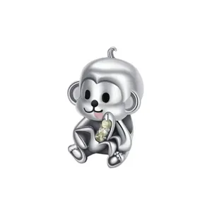 Cute monkey charm for DIY bracelets in silver alloy with yellow zircon stone details