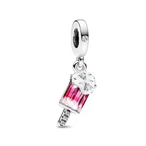 Pink popsicle charm in S925 silver with melting cream detail and colorful zircon accents