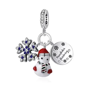 Winter S925 sterling silver snowman and snowflake charm with engraved round pendant