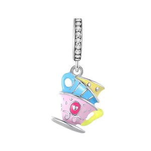 Colorful enamel stacked teacups charm in S925 silver with sparkling zircon pavé setting