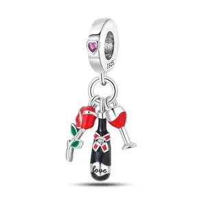 S925 silver charm pendant featuring a red rose, black love wine bottle and glass
